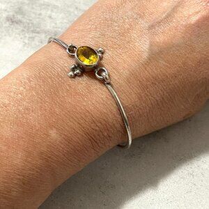 Genuine Citrine Oval Bezel Beaded Accent Sterling Silver Bangle Bracelet 2.5" ID